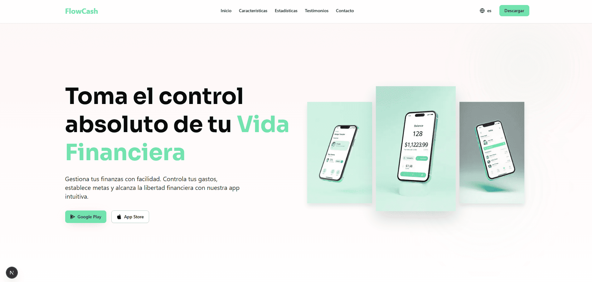 Landing page de FlowCash para presentación de servicios financieros.